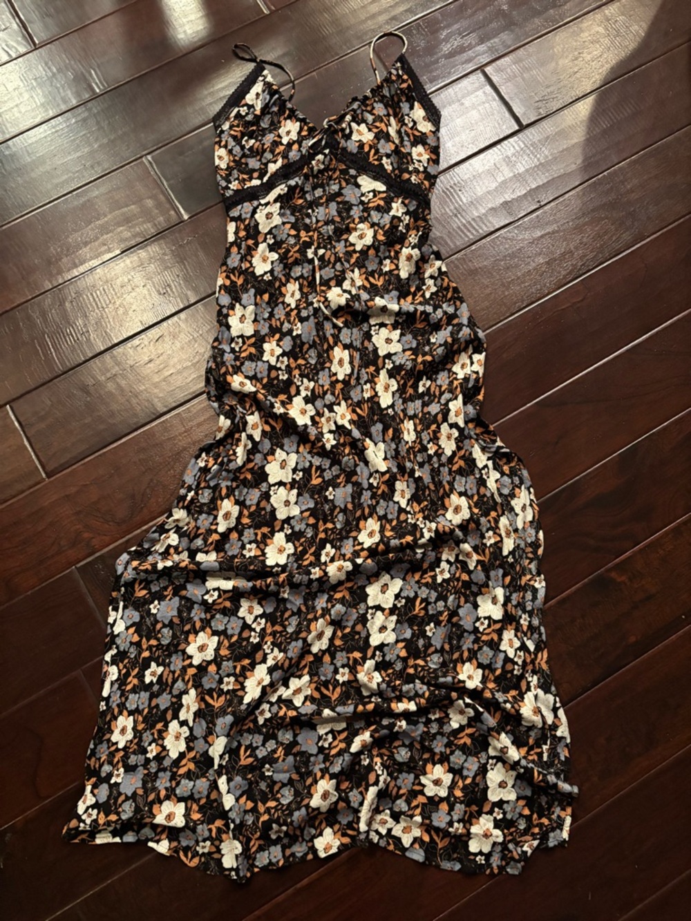 Free People All I Wanted Lace Floral Ditsy Black Brown Maxi Slip Dress size M